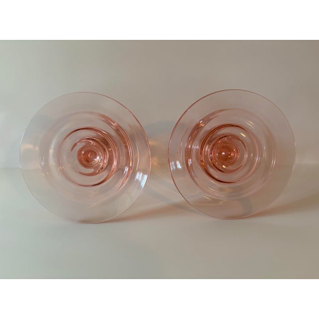 Vintage Pink Depression Glass Centerpiece Bowl With Etched Floral Motif & Matching Candlesticks – 3-Piece Set For Sale - Image 11 of 11
