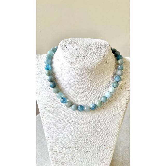 Aquamarine Faceted Beaded Necklace With Gold Tone Clap by Matthew Izzo.