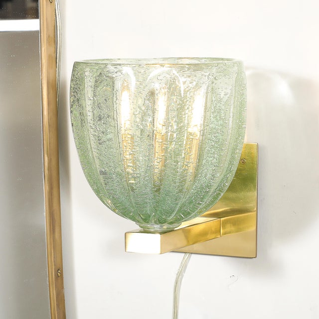 Metal Modernist Hand-Blown Sea Green Fluted Pulegoso Murano Glass & Brass Sconces For Sale - Image 7 of 13