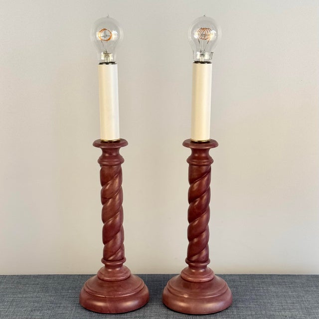Pair of Vintage Mauve Barley Twist Candle Lamps For Sale - Image 4 of 4