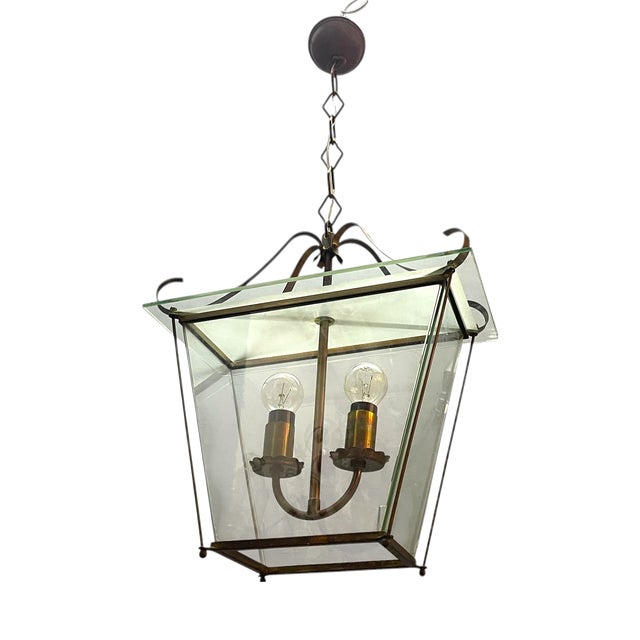 Mid-Century Modern Italian Faceted Glass and Brass Pendant Lantern in the style of G. Ulrich, 1940s For Sale