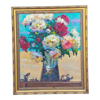 1960s American Framed & Signed Floral Oil on Canvas - Still Life Roses For Sale