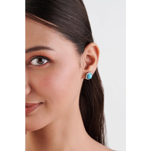 Vintage Inspired 14k Gold 3.88ct Turquoise & Diamond Stud Earrings- A Pair For Sale In New York - Image 6 of 14