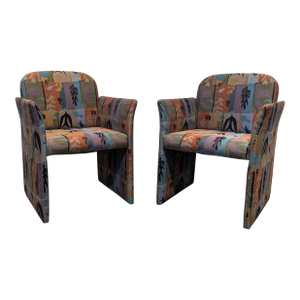 Pair of Vintage Chiclet Style Postmodern Side Chairs With Alexander Girard Style Fabric