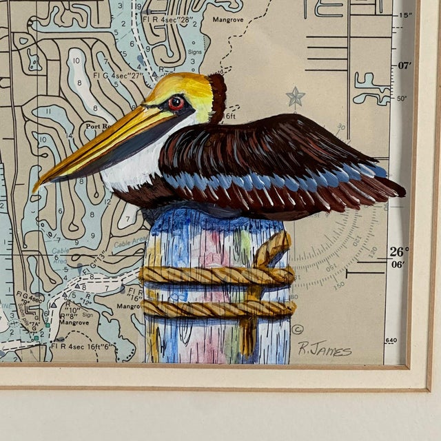 Vintage Ruth James Hand-Painted Pelican and Naples, Florida, Nautical Map Art For Sale - Image 10 of 11