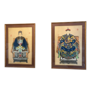 Mid 20th Century Framed Chinese Emperor and Empress Portraits Hand Painted on Silk- A Pair