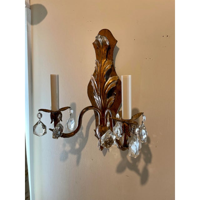 Glass Pair Handmade Gilt Iron and Crystal Sconces Two Pairs Available For Sale - Image 7 of 12