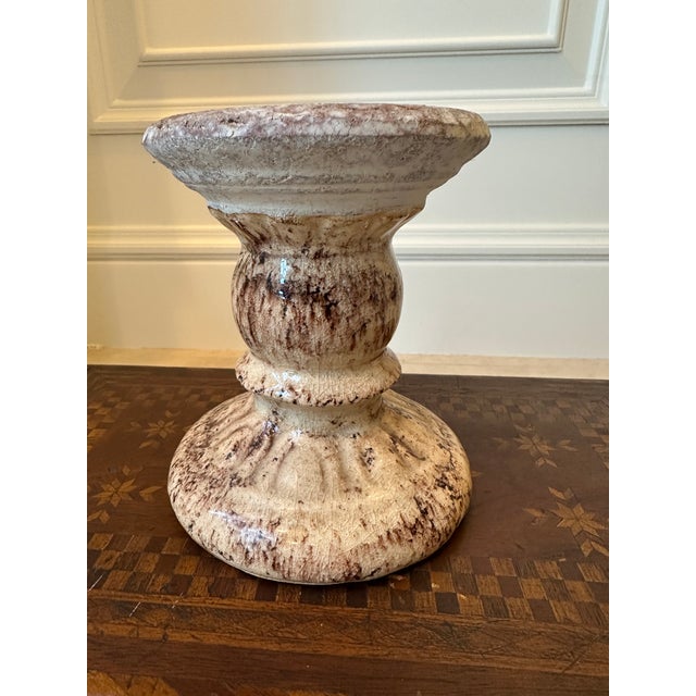 Fantastic Vintage French Terracotta Pillar Candleholder. Top third of holder in a rustic chalky oyster white matte finish....