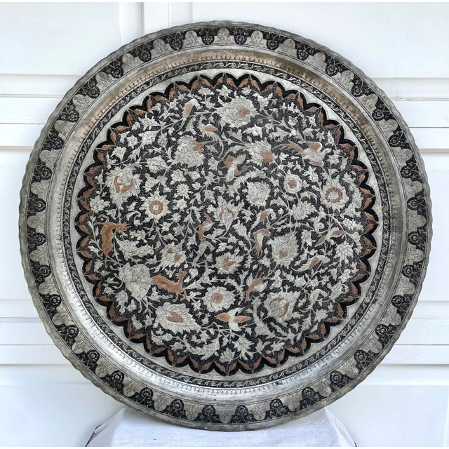 Vintage Islamic Moroccan 34" Engraved Silver Copper Tray Table Top For Sale - Image 10 of 10