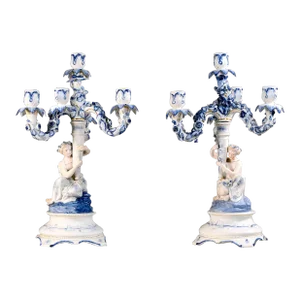 Early 20th Century Rococo Candelabra Dresden Fine Porcelain Germany - a Pair