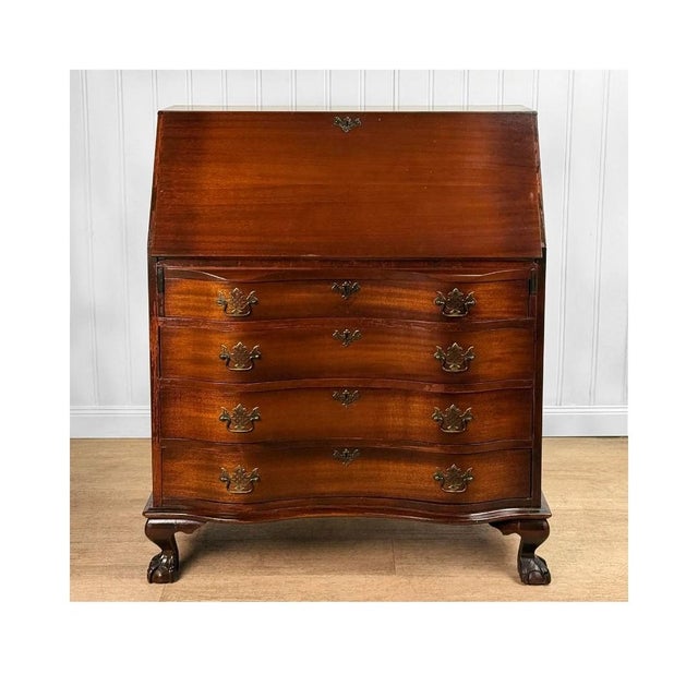 Chippendale Style Mahogany Oxbow Drop Front Secretary, c.1940's - Solid Mahogany Construction - Attractive Oxbow Front...