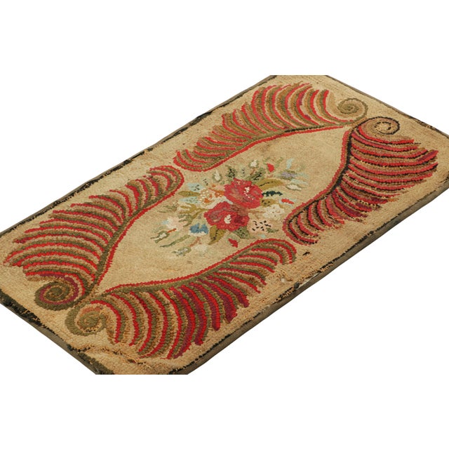 Rug & Kilim Antique Hooked Rug in Beige-Brown With Colorful Floral Medallion | Rug & Kilim For Sale - Image 4 of 8