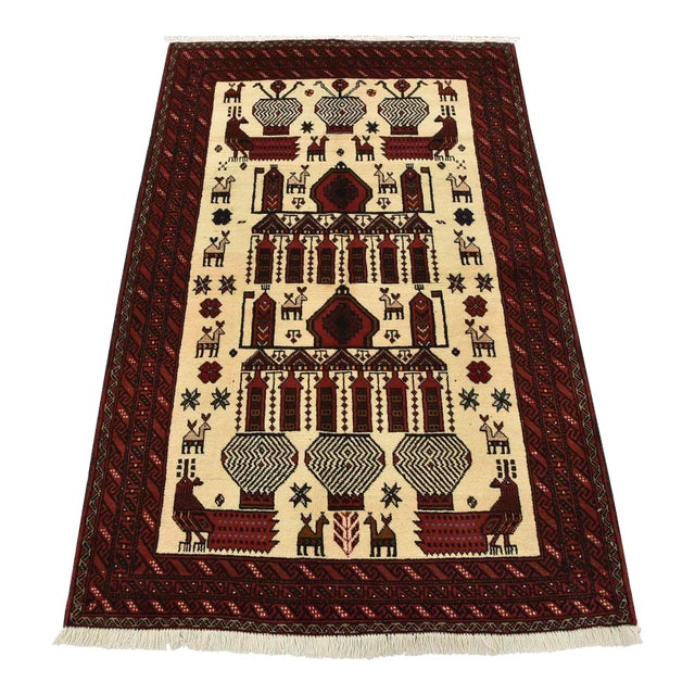 Baloch Rug 3’9” X 5’8” Ivory Wool Vintage Tribal Hand-Knotted Oriental Carpet For Sale