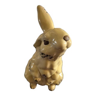 Vintage Primitive Folk Art Style Yellowware Sponged Ceramic Rabbit Figurine For Sale