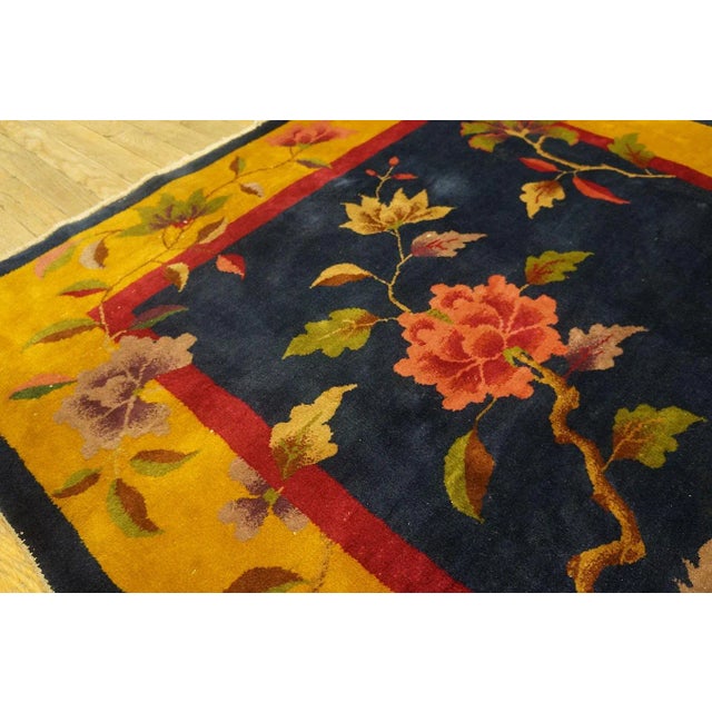 Textile Lovely Navy Blue Background and Yellow Gold Border Color With Floral Design Antique Chinese Art Deco Rug For Sale - Image 7 of 12