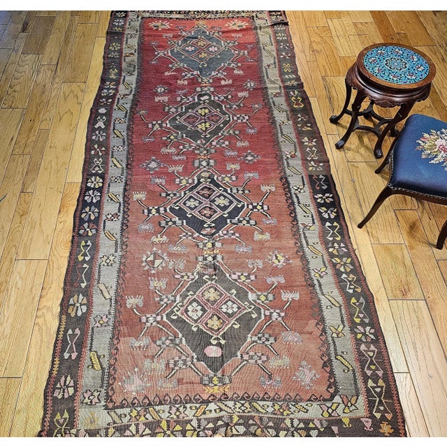 Vintage Turkish Tribal Kilim, Flat-Woven Medallion Pattern, Burgundy & Ivory, 5’ X 11’ For Sale - Image 10 of 12