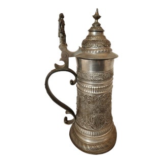 Antique German Historicism Solid Pewter Beer Stein With Johann Wolfgang Von Goethe Thumb-Lift For Sale