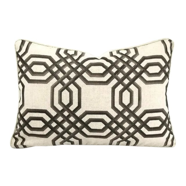 Brown Embroidered Geometric Design on Linen and Self-Welt Lumbar Pillow Cover - 14" X 20" For Sale