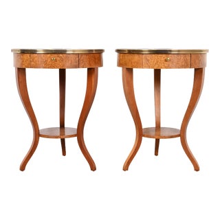 Baker Furniture French Regency Louis Xvi Cherry, Burl, and Brass Bedside Tables, Pair For Sale