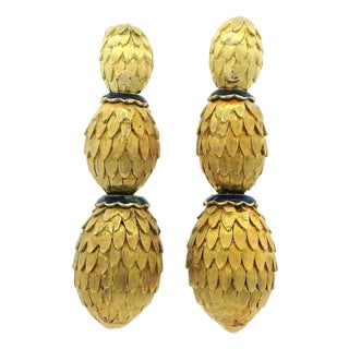 1960s 14k Yellow Gold & Blue Enamel Textured Drop Earrings, A Pair For Sale