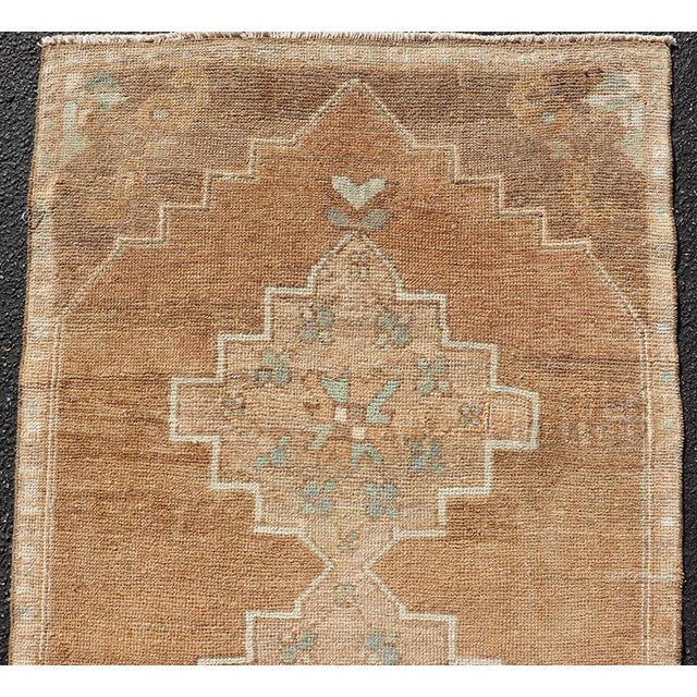 Tribal Antique Turkish Kars Runner With Faded Taupe and Pale Aqua Geometric Medallions For Sale - Image 3 of 9