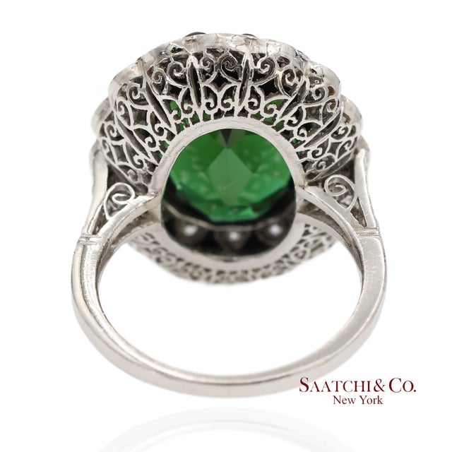 Vintage Platinum 950 Milgrain Natural Diamond and Tourmaline Ring, Size 7 For Sale - Image 4 of 12