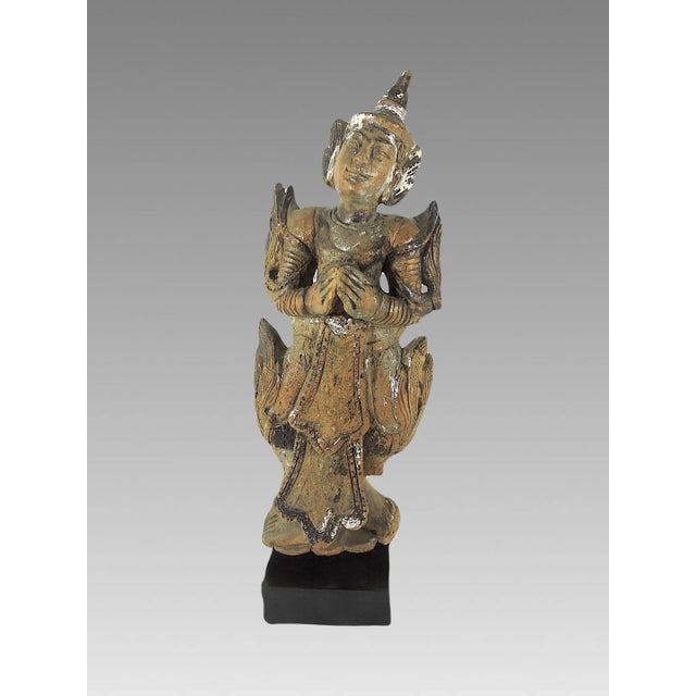Late 19th Century Antique 'Teppanom' Temple Angel, Mounted Wood Statue Figure (Thailand) For Sale - Image 4 of 10