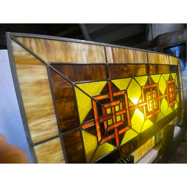 American Frank Loyd Wright Inspired Stained Glass Window Original 1900-1930’s Bungalow Prairie Style Bungalow Transoms Architectural Salvage For Sale - Image 3 of 4