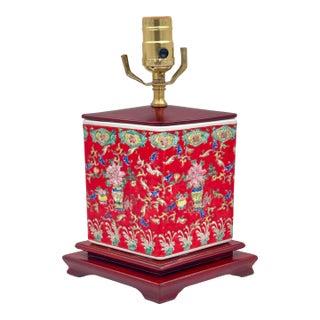 Vintage Chinoiserie Red Ceramic Diamond Shaped Lamp For Sale