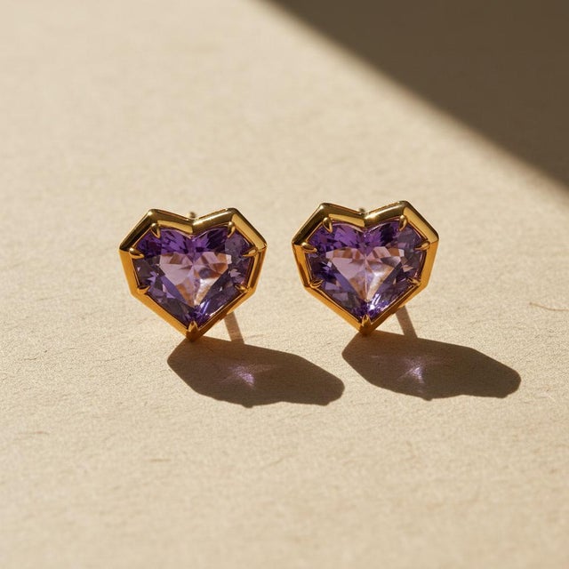 Geometric Heart Amethyst Stud Earrings, Silver, Gold, Pair For Sale - Image 4 of 9