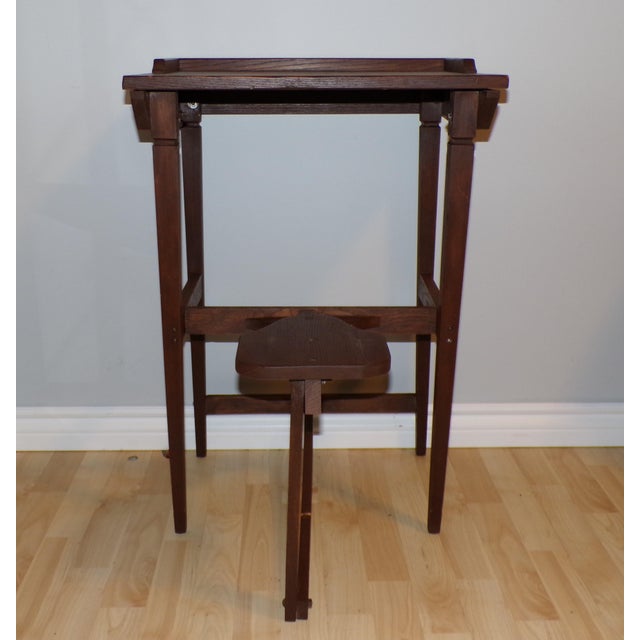 Early 20th Century Vintage Mission Solid Oak Telephone Stand Childs Desk Integrated Fold Out Stool For Sale - Image 5 of 15
