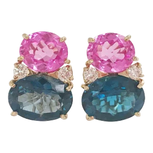 Christina Addison Large Gum Drop Earrings With Pink Topaz and Deep Blue Topaz and Diamonds - a Pair