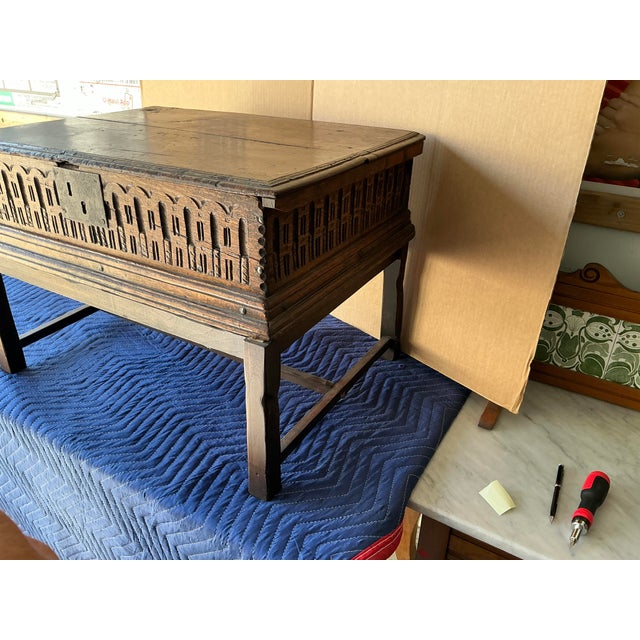 Gothic Style Antique Carved Oak Travel Chest on Stand For Sale - Image 4 of 9