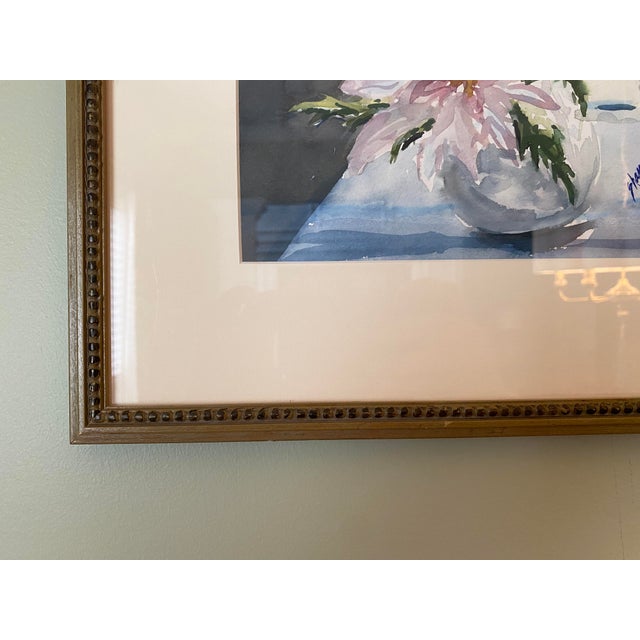 Beautiful original still life watercolor. It features a blue and white ginger jar lamp and vase of flowers in front of a...