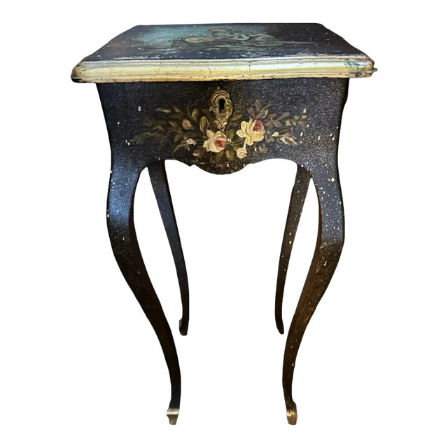 French Style Floral Decorated Lift Top Vitrine Side Table 20th C For Sale