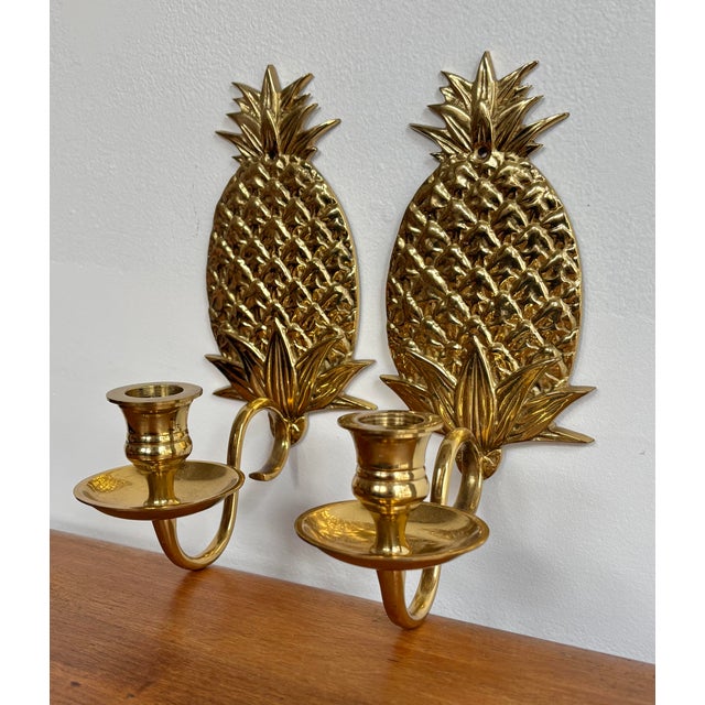American Hollywood Regency Brass Pineapple Sconces - A Pair For Sale - Image 3 of 7