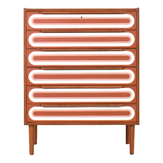 Mid-Century Modern Op-Art Hand-Painted Teak Chest of Drawers, 1960s For Sale