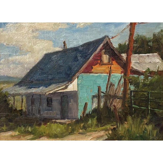 The Turquoise Wall (High Road to Taos) by Teresa Vito | Oil Painting of a colorful, rustic house For Sale