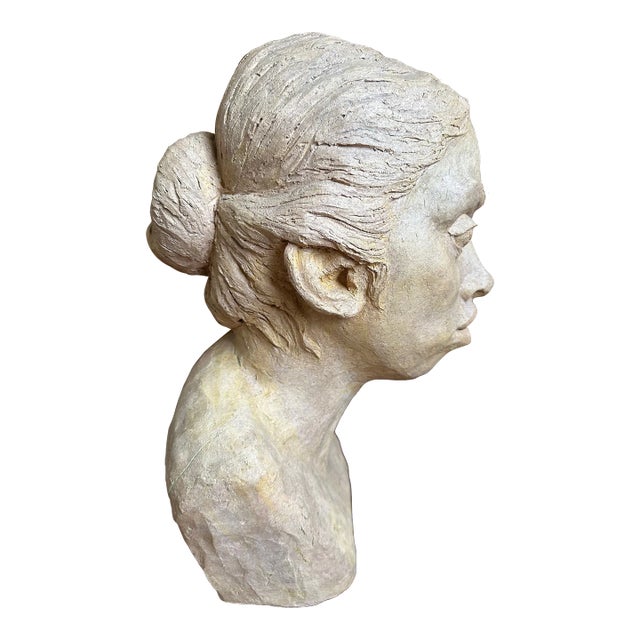 Vintage 1985 Signed Sculpture Bust /Head of Pensive Young Woman For Sale
