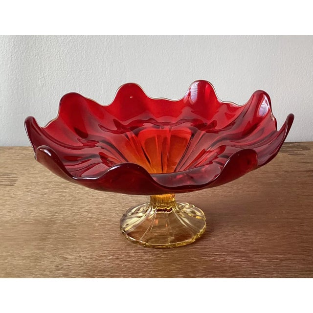 Mid Century Modern Red Amberina Glass Footed Centerpiece Fruit Bowl