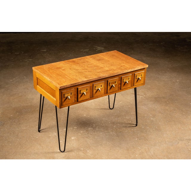 Mid-Century Modern Mid-Century Danish Six-Drawer Card Catalog on Hairpin Legs For Sale - Image 3 of 11