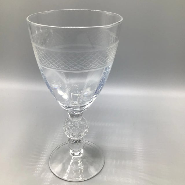 Traditional Morgantown "Eton" Water/Wine Goblets Cut Ball Stem, With Cross Hatch Band -Set of 6 Crystal Glasses For Sale - Image 3 of 13