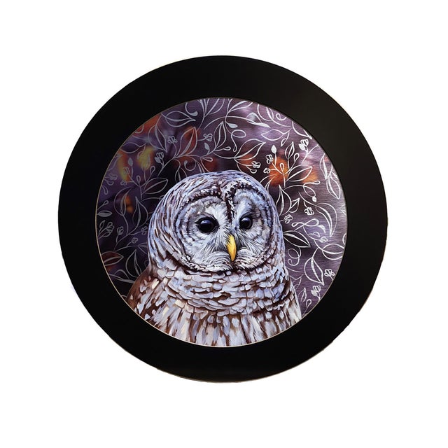 This circular oil painting features a Barred Owl, its detailed plumage rendered with meticulous precision against a softly...