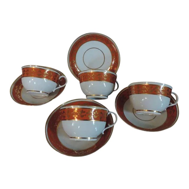 Extra Large 18th Century Worcester Flight Barr Orange Red Tea Cups and Saucers - 8 Pieces For Sale