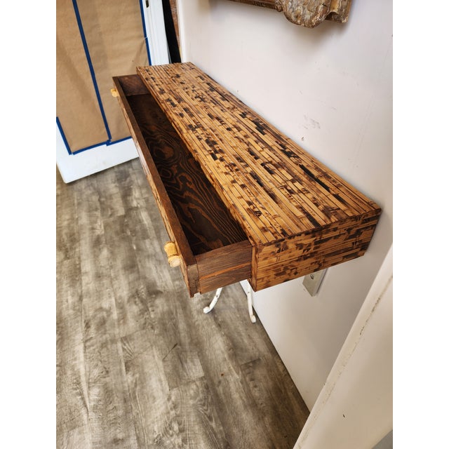 Brown Rare Vintage Burnt Bamboo Floating Console Table and Wall Mirror For Sale - Image 8 of 12