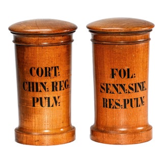 Amazing Pair of Carved European Antique 19th Century Wood Apothecary Pharmacy Lidded Jars Home Decor Medical Health For Sale