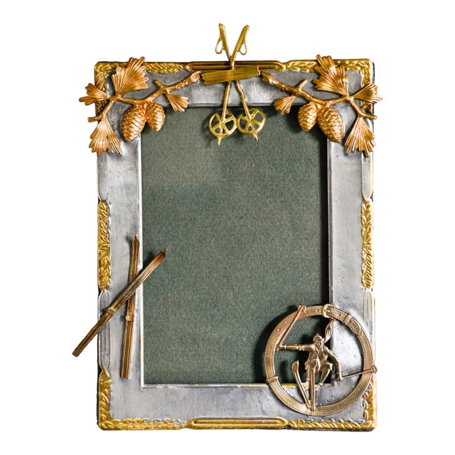 Vintage Pewter Picture Frame Alpine Skiing Winter Decoration 5x7" For Sale