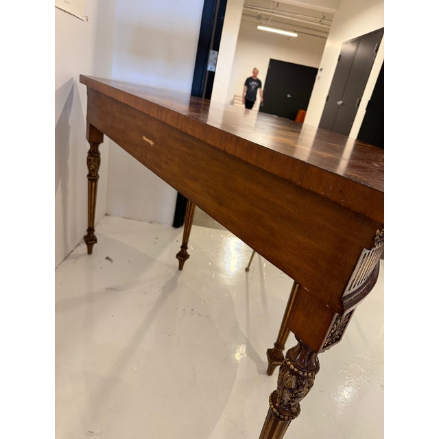 Brown Vintage Louis XVI Style Giltwood Marquetry Demilune Console Table For Sale - Image 8 of 9