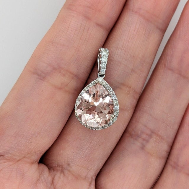 Modern Peach Morganite Pendant With Diamond Accents: Solid 14k Gold, Pear Shape 11x9mm For Sale - Image 3 of 5