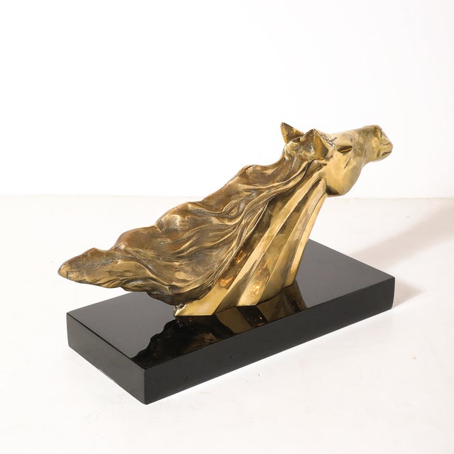 Mid-Century Horse Bust Sculpture W/ Flowing Mane in Polished Brass on Black Base For Sale - Image 9 of 11